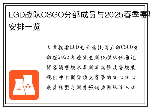 LGD战队CSGO分部成员与2025春季赛事安排一览